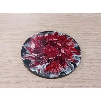 Epoksi Bloom Efektli Bordo Çiçek Desenli Yuvarlak Bardak Altlığı